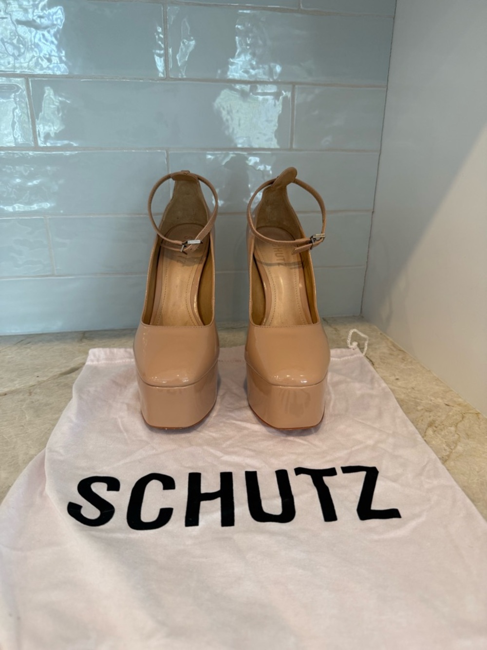 SCHUTZ Nude Patent Platform Ankle-Strap Heels